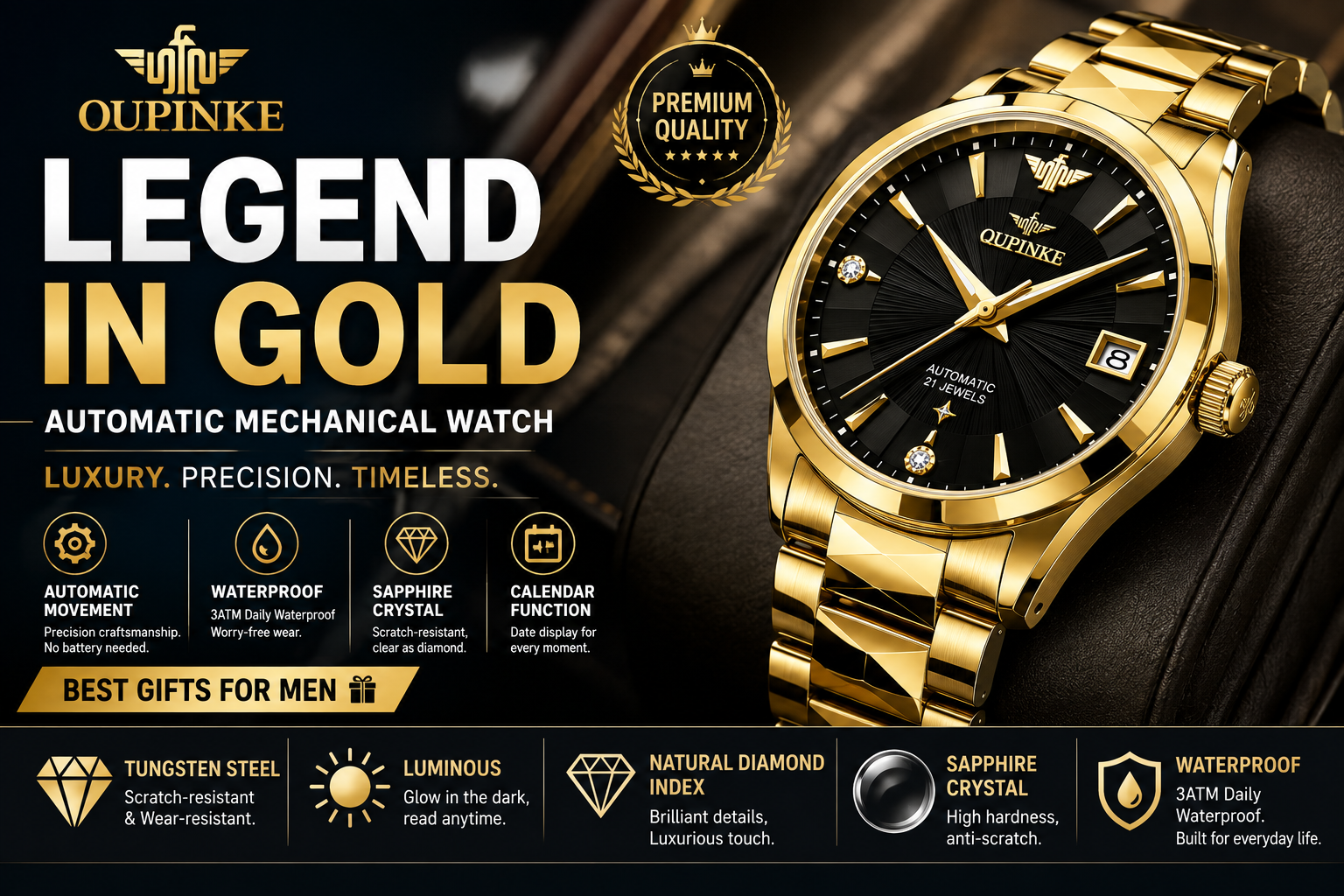 OUPINKE Gold Men’s Automatic Watch Review: Luxury Tungsten Steel at an Unbeatable Price